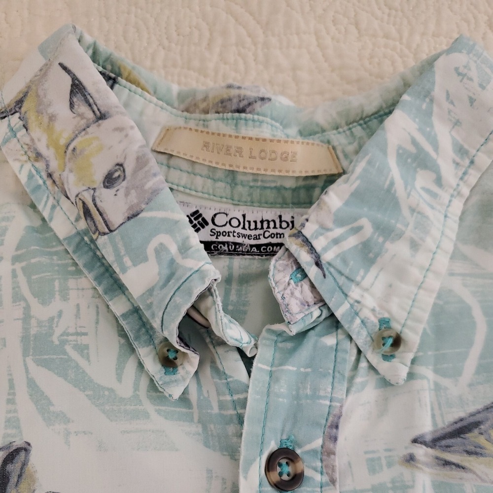 Columbia Shirt‎ River Lodge Green Aqua Mens Large Fishing Short Sleeve Vented